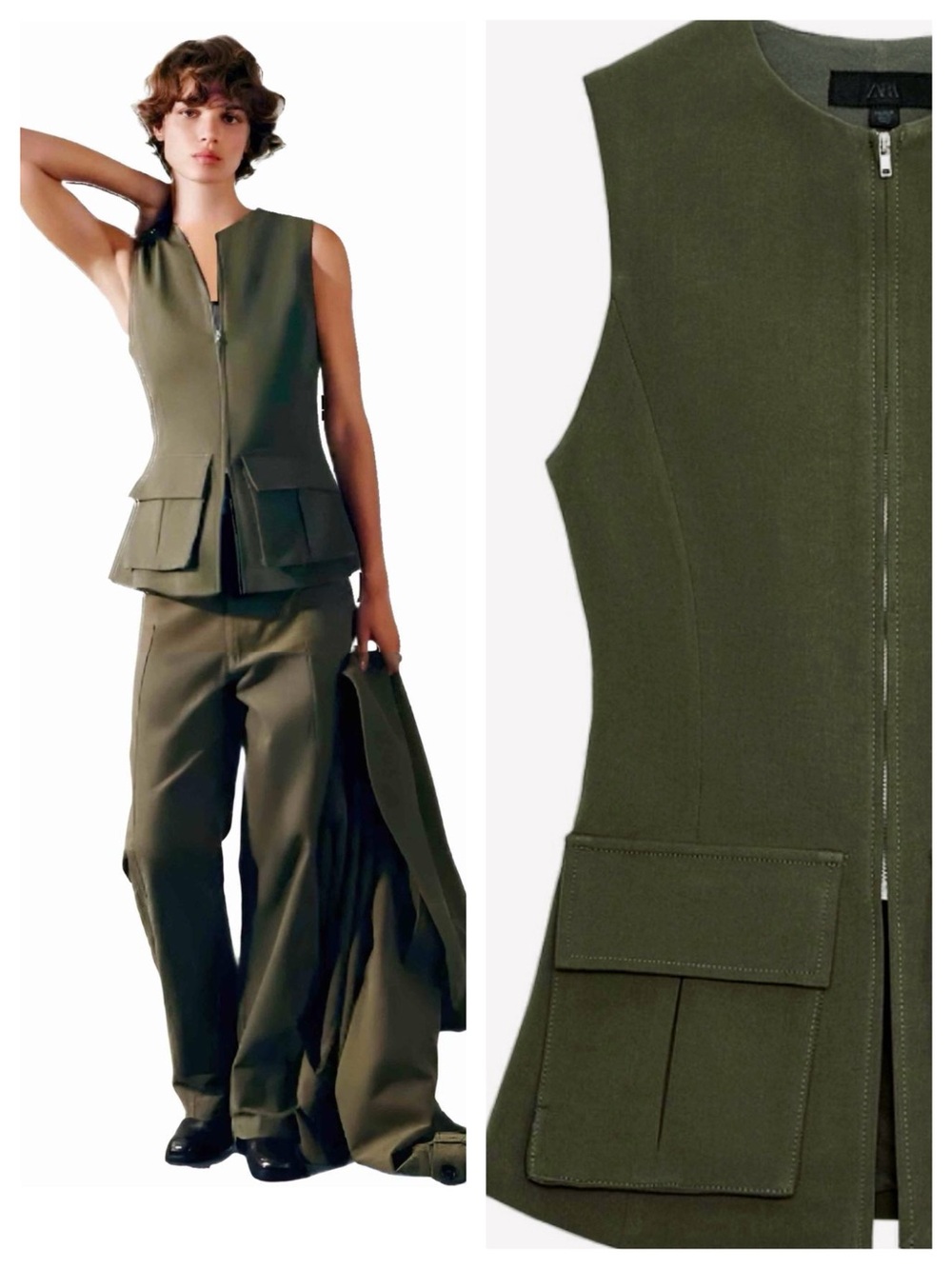 NWT Zara Stretch Cotton Sleeveless Zip Vest Top with Pockets in Olive Green M L
